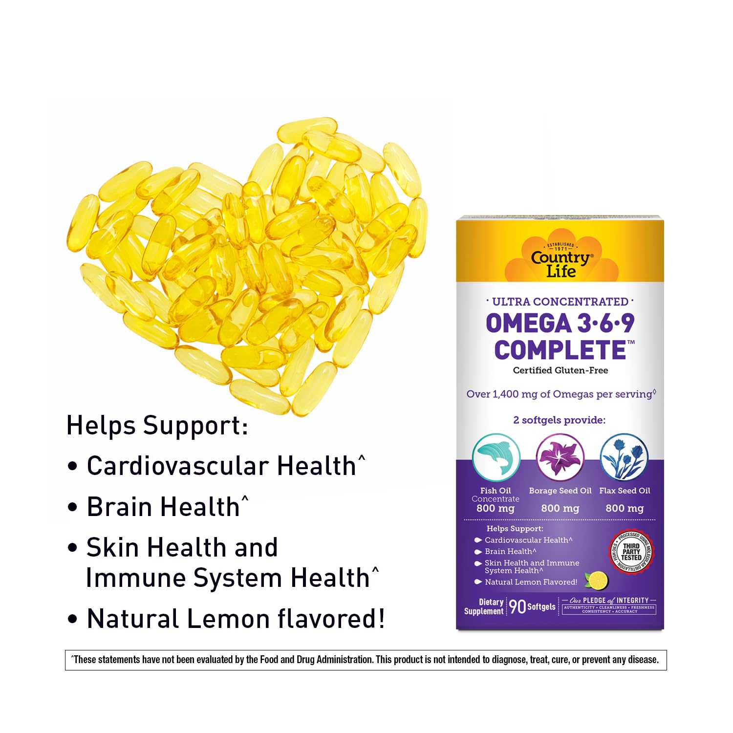 Country Life Omega 3-6-9 capsules offer a smooth swallow with softgels.