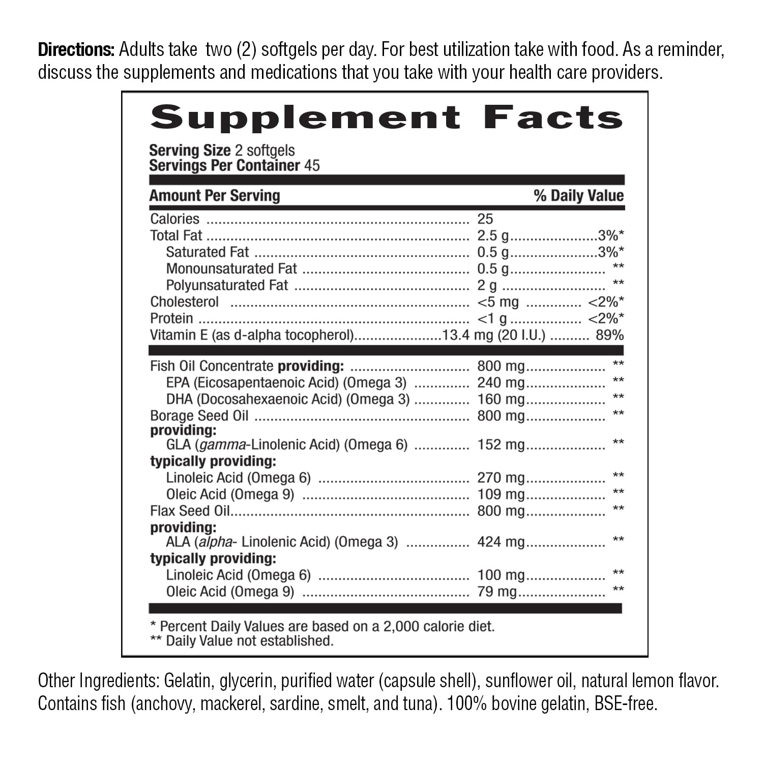 Country Life Omega 3-6-9 ingredients show ethically sourced oils and minimal additives.