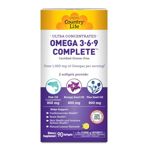 Country Life Omega 3-6-9 label highlights EPA and DHA for balanced intake.