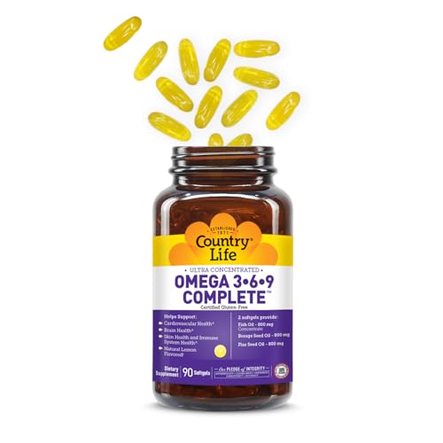 Country Life Omega 3-6-9 packaging emphasizes 90 softgels for convenient daily use.