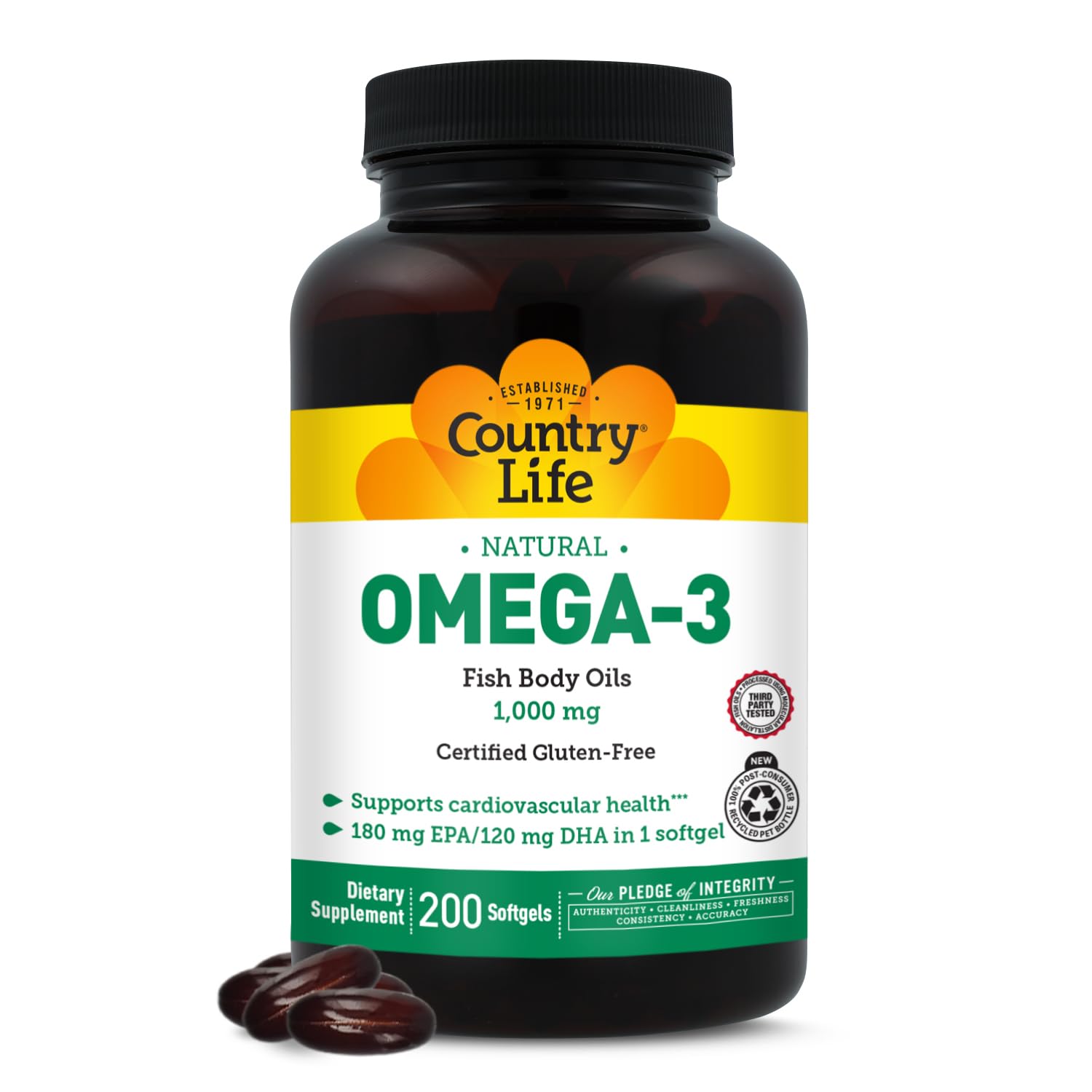 Country Life Omega-3 bottle with softgels ready for daily intake to support cardiovascular health