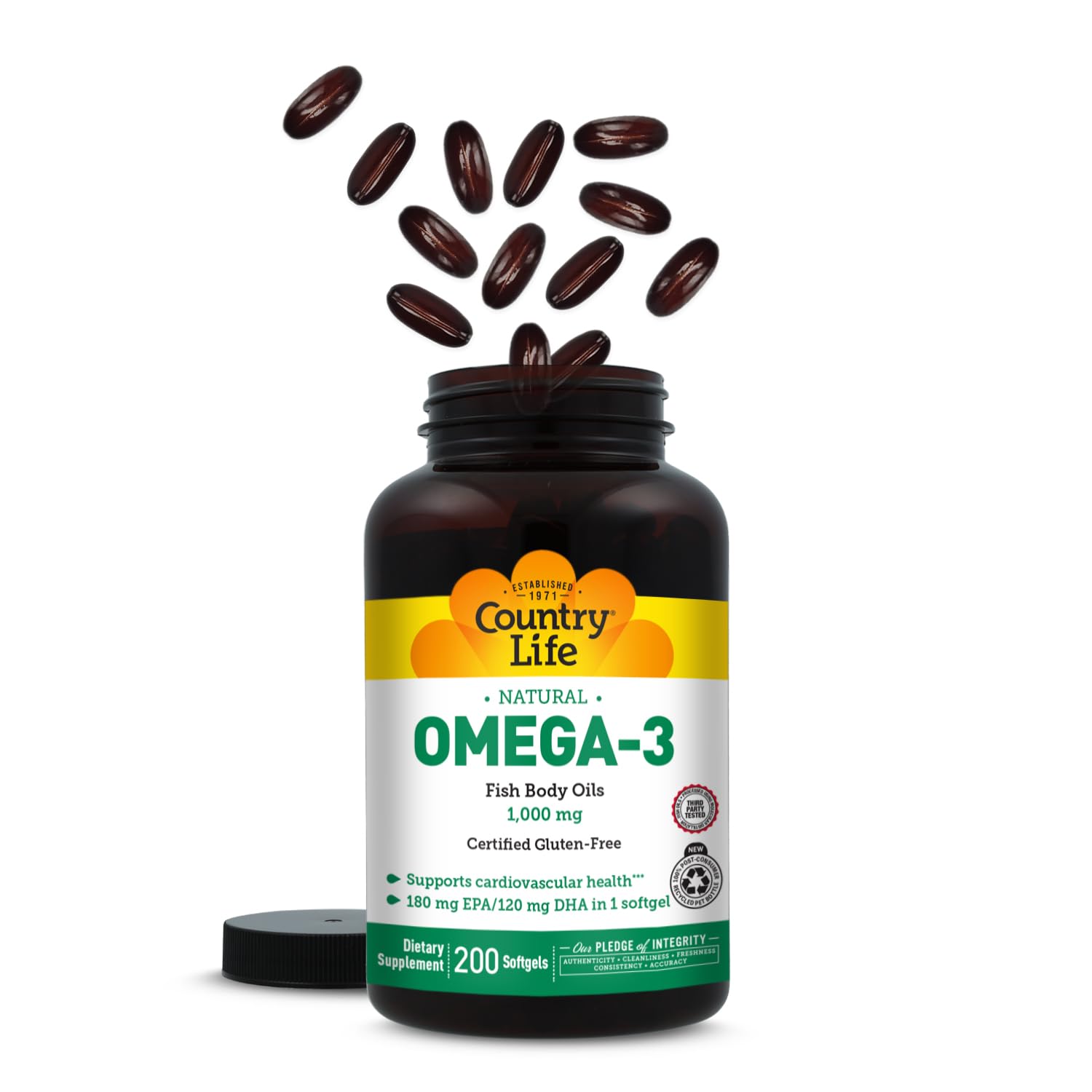 Country Life Omega-3 daily use image showing easy-to-swallow softgels