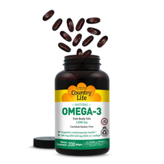 Country Life Omega-3 daily use image showing easy-to-swallow softgels