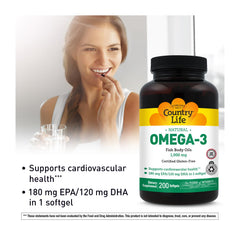Country Life Omega-3 gluten-free label on bottle emphasizing clean ingredients