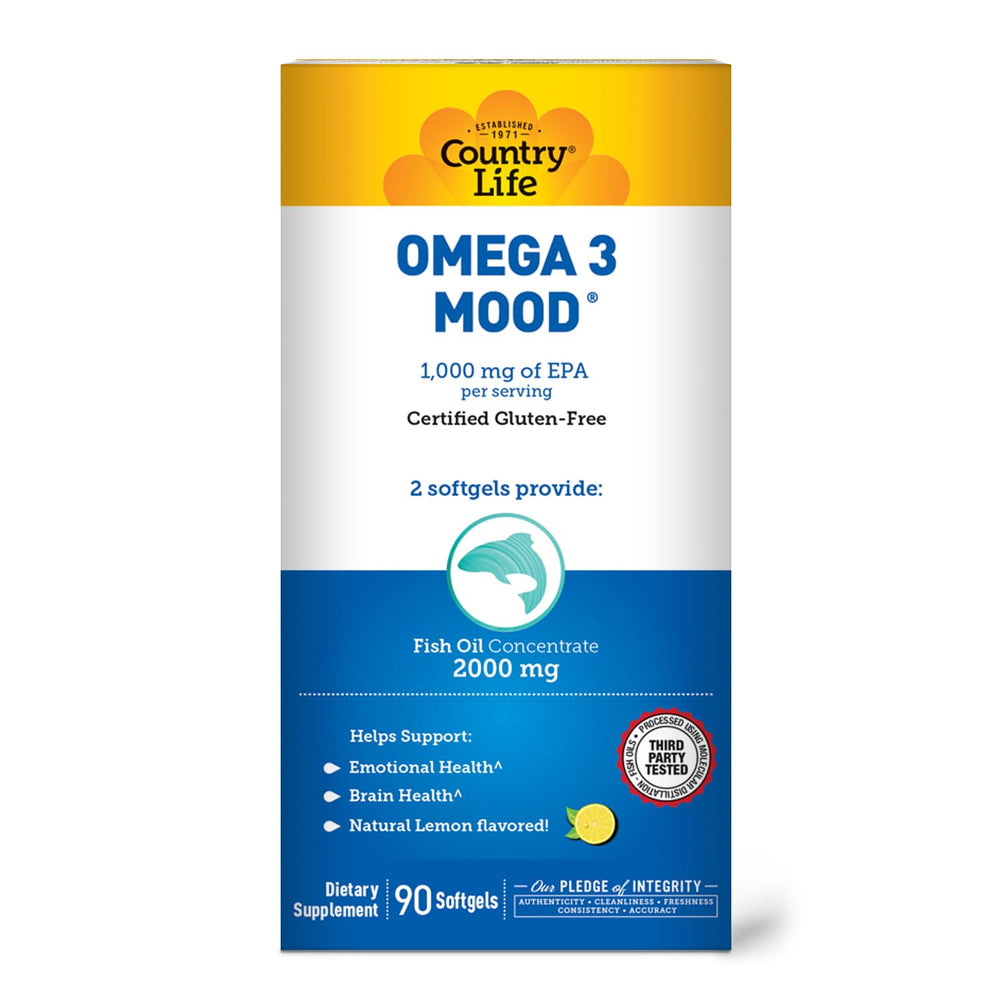 Country Life Omega 3 Mood label emphasizes purity.
