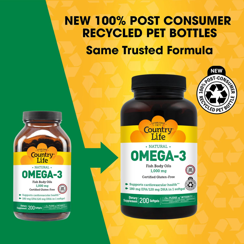 Country Life Omega-3 softgels closeup highlighting burpless formula and easy swallow