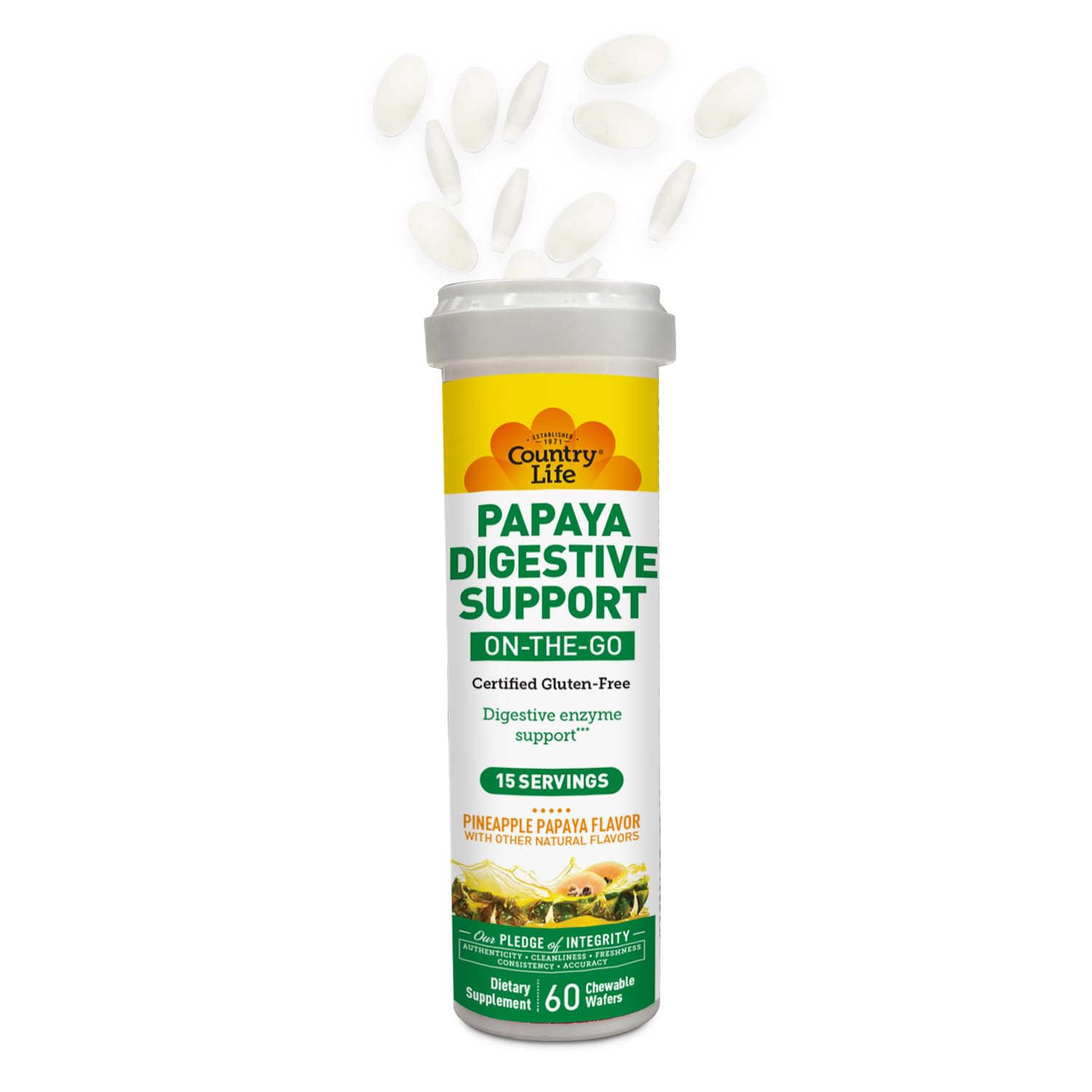 Country Life papaya enzyme blend with papain, protease, alpha-amylase for digestion.