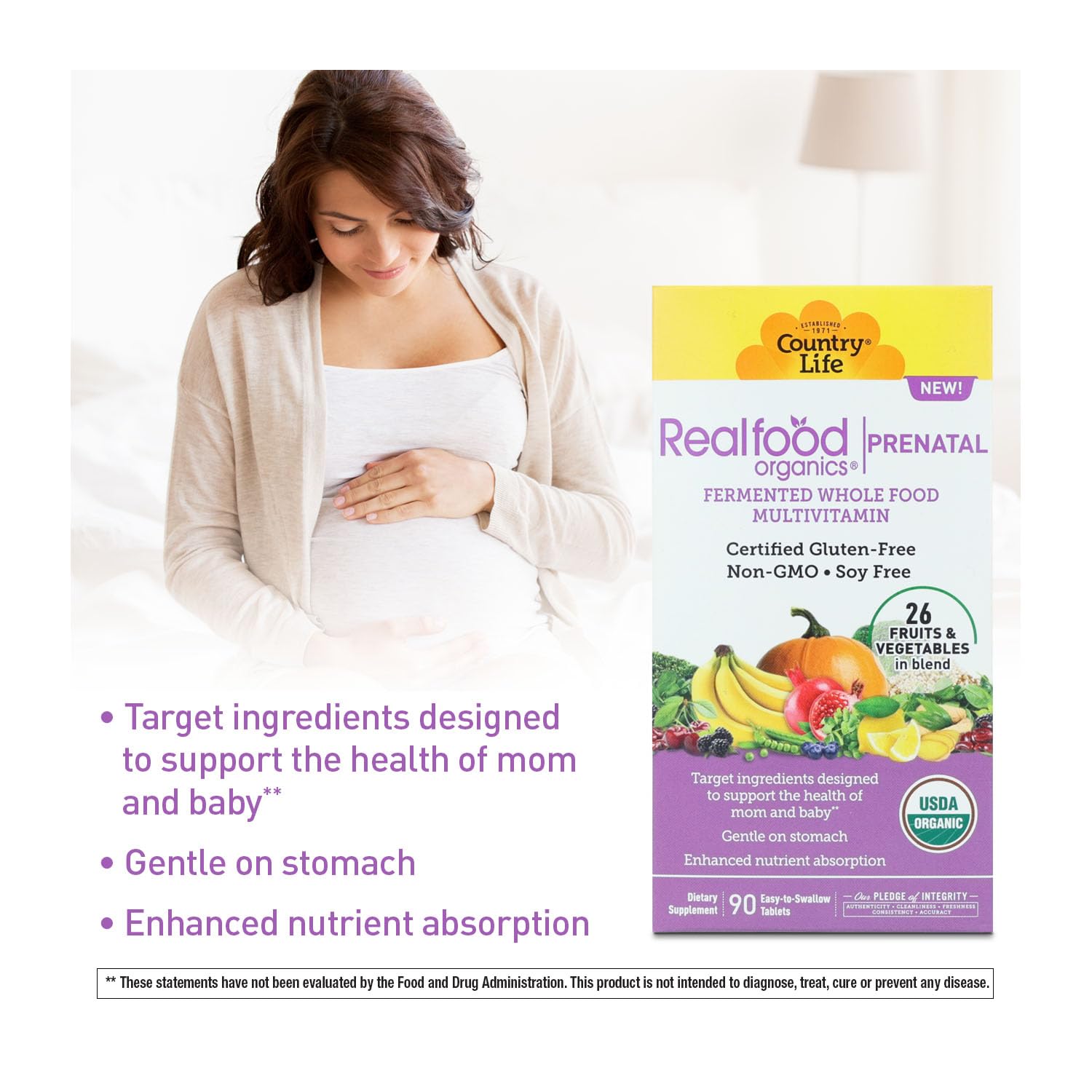 Country Life Realfood Organics Prenatal Multi side of bottle emphasizes non-constipating iron