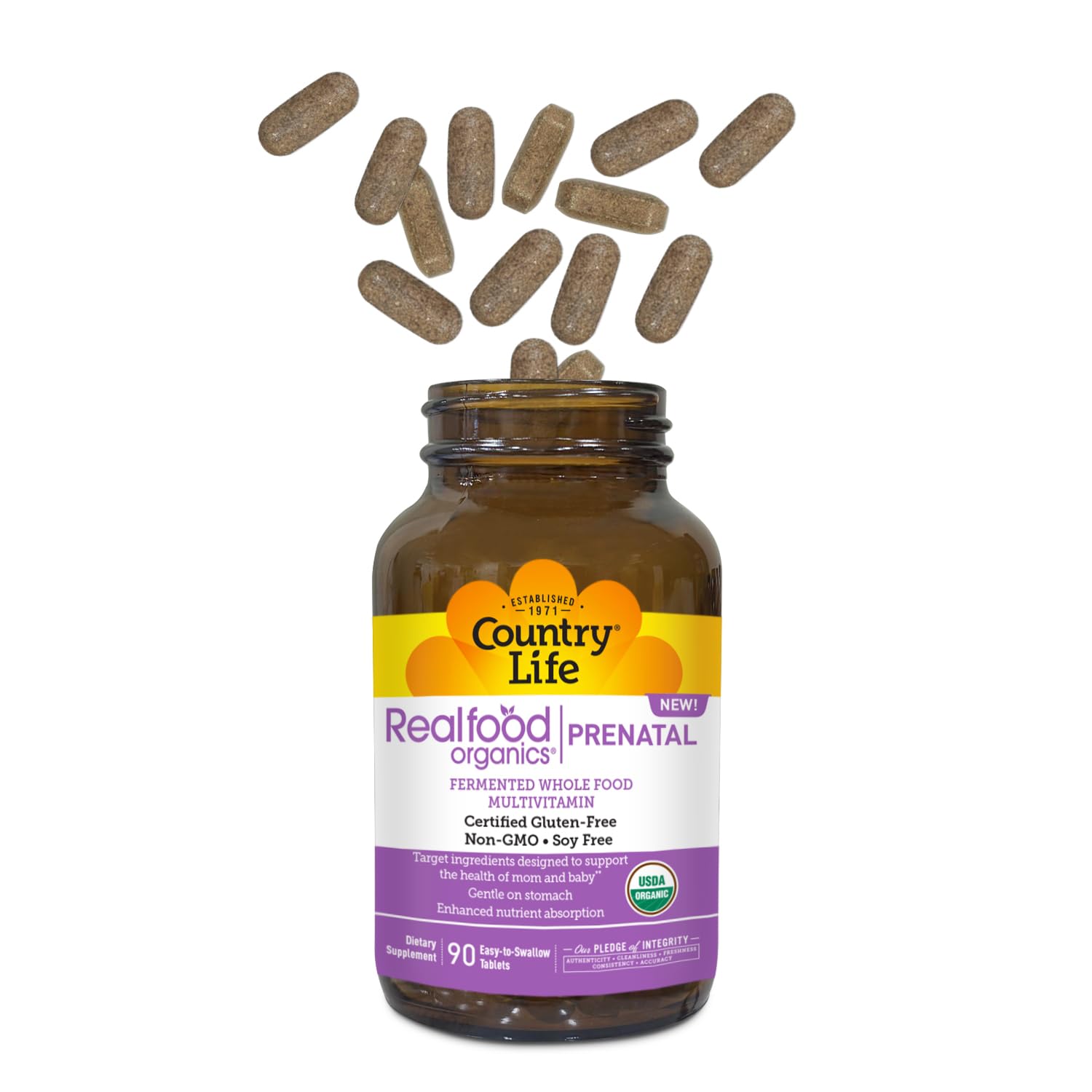 Country Life Realfood Organics Prenatal Multi packaging notes soy-free and no artificial additives