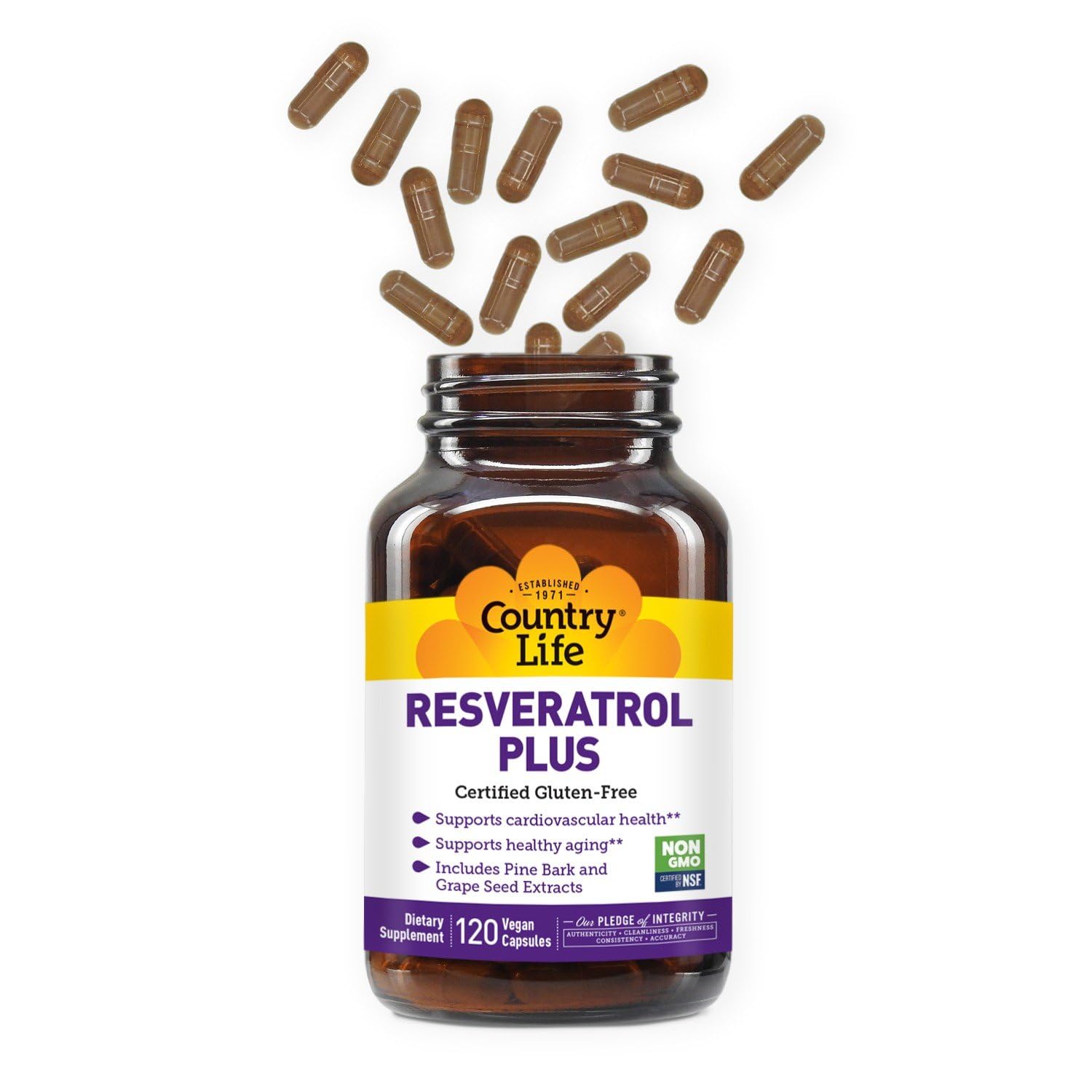 Close-up of Country Life Resveratrol Plus label with dosage details.