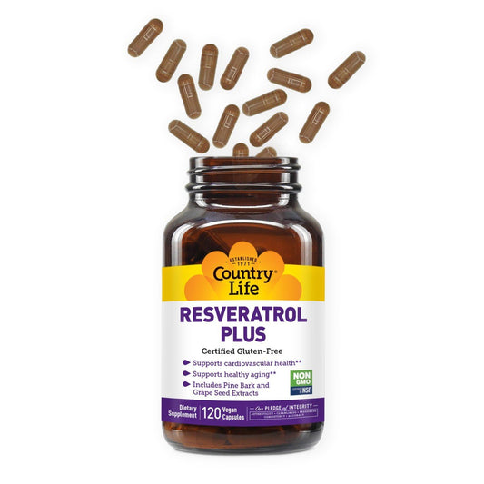 Close-up of Country Life Resveratrol Plus label with dosage details.