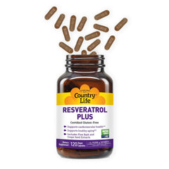 Close-up of Country Life Resveratrol Plus label with dosage details.