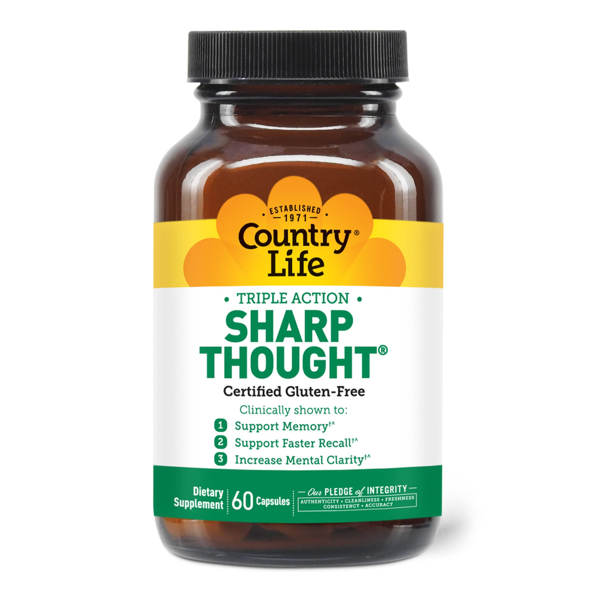 Country Life Sharp Thought bottle close-up showing capsules for daily cognitive support.