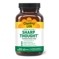 Country Life Sharp Thought bottle close-up showing capsules for daily cognitive support.