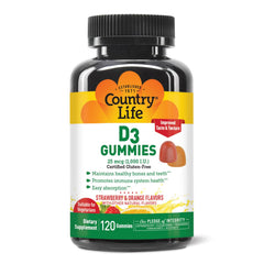 Country Life Strawberry and Orange D3 Gummies bottle for daily vitamin D3 support