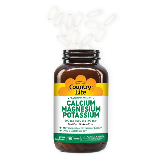 Country Life Target Mins bottle side showing calcium and magnesium details for bone support