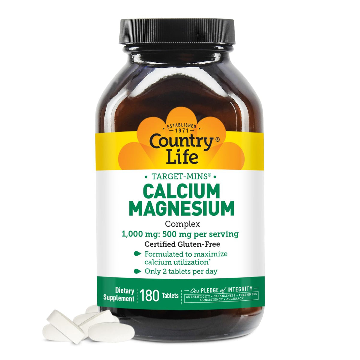 Country Life Target-Mins calcium magnesium complex bottle front promotes bone health support.