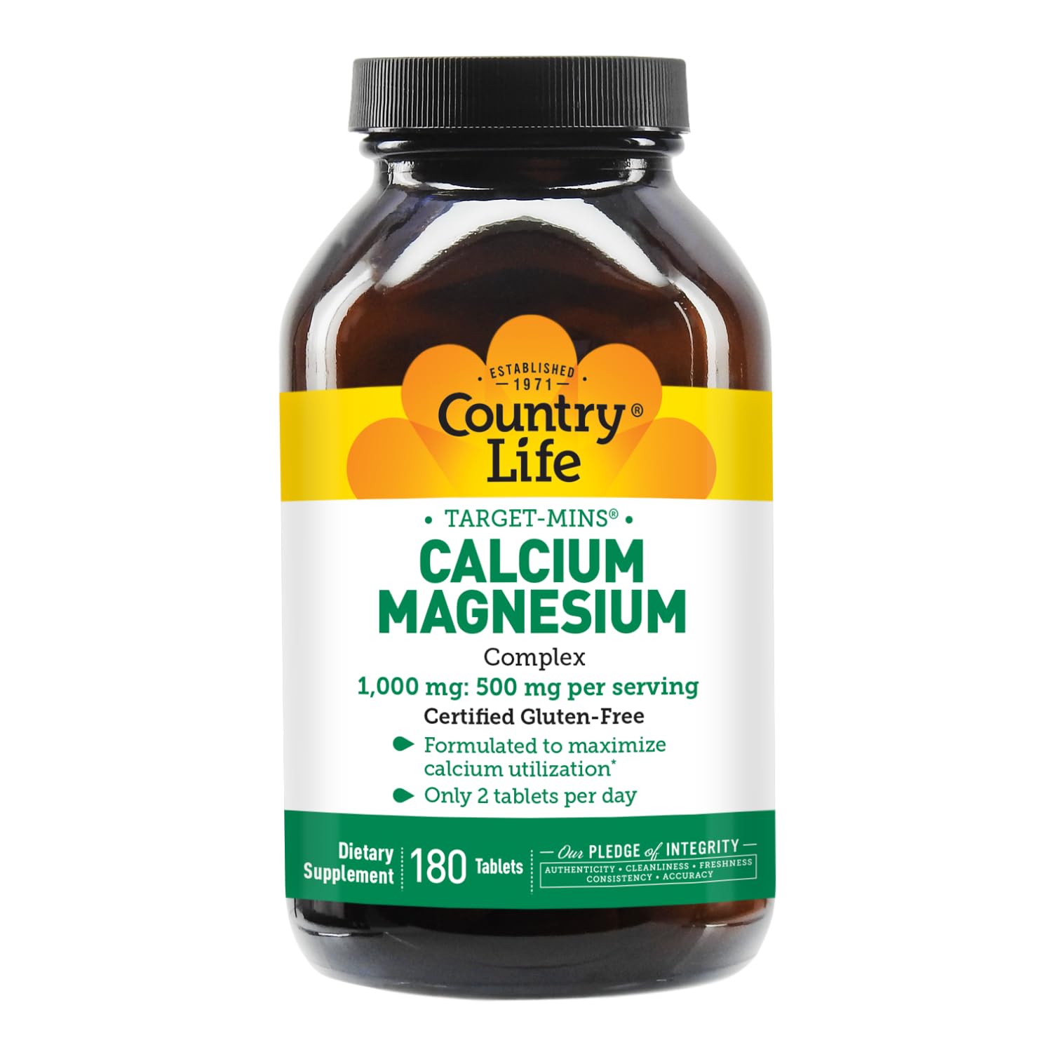 Country Life Target-Mins calcium magnesium complex tablets close-up with absorption-focused formula.