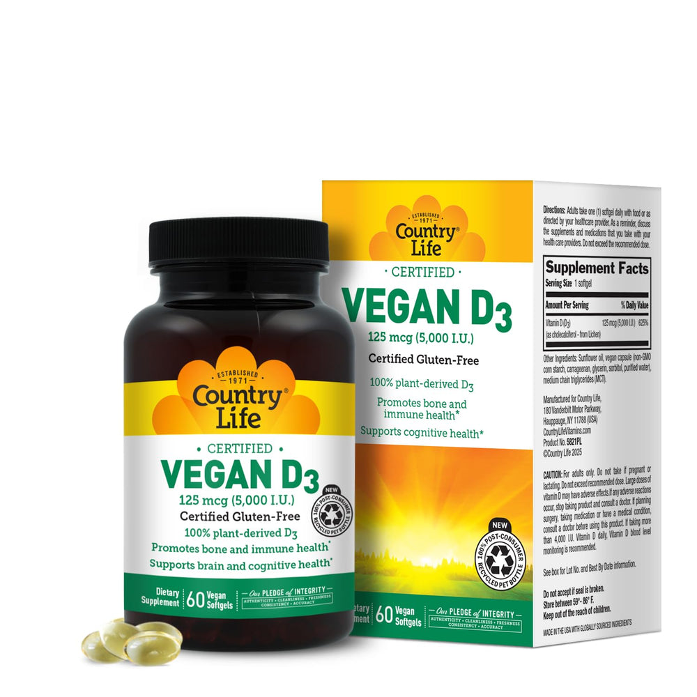 Country Life Vegan D3 5000 IU softgels bottle for daily vegan support