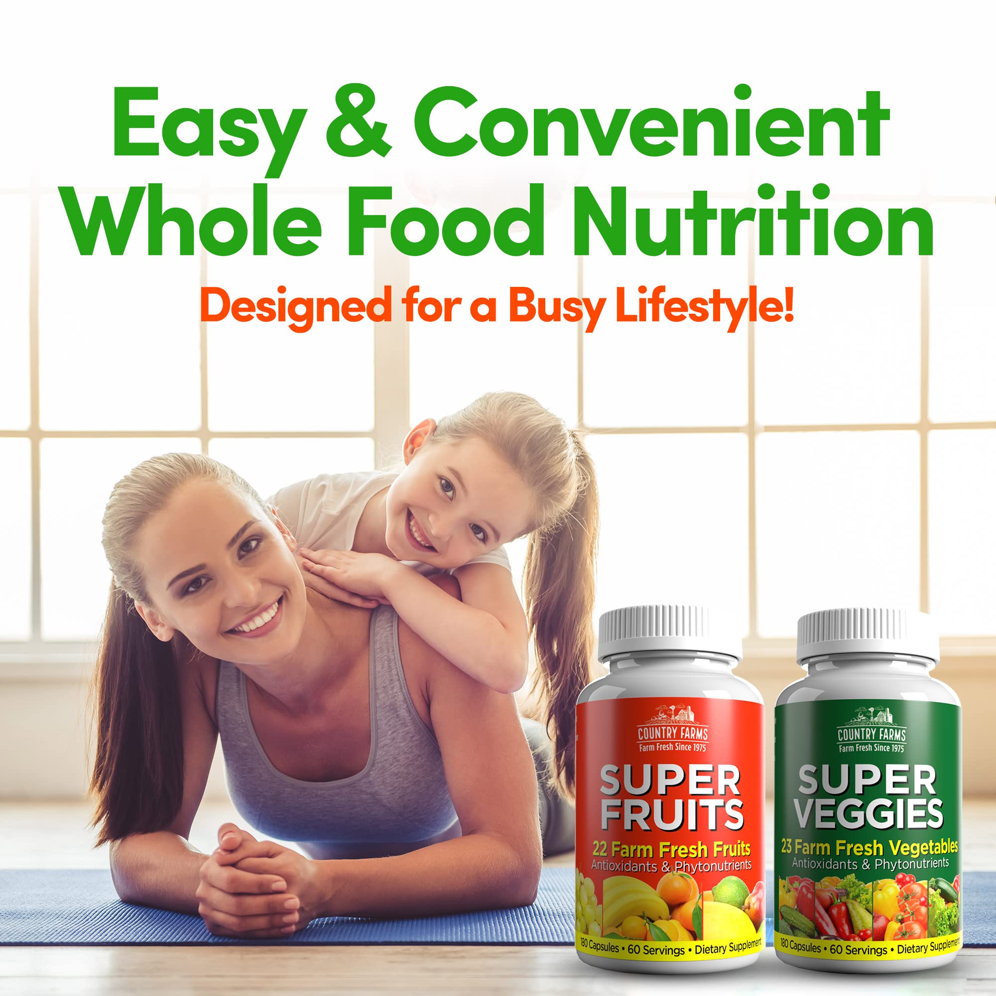 Close-up of Country Farms Fruits & Veggies capsules ready to swallow