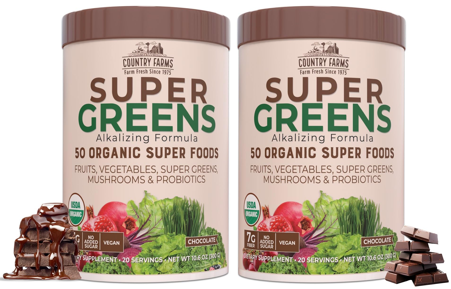 Country Farms Super Greens Chocolate bottle front with USDA Organic blend.
