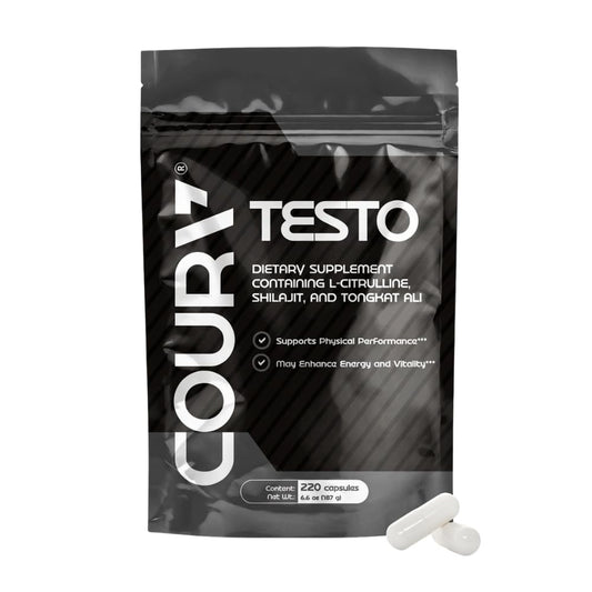 COURA Mens Testo Booster bottle front view for an energy driven routine