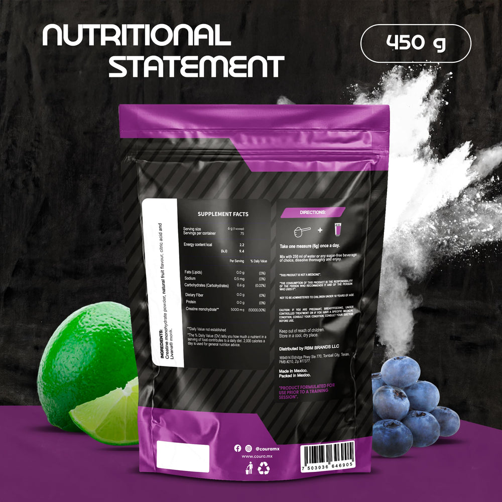 COURA Creatine Monohydrate Lemon-Berries powder in glass shows refreshing taste.