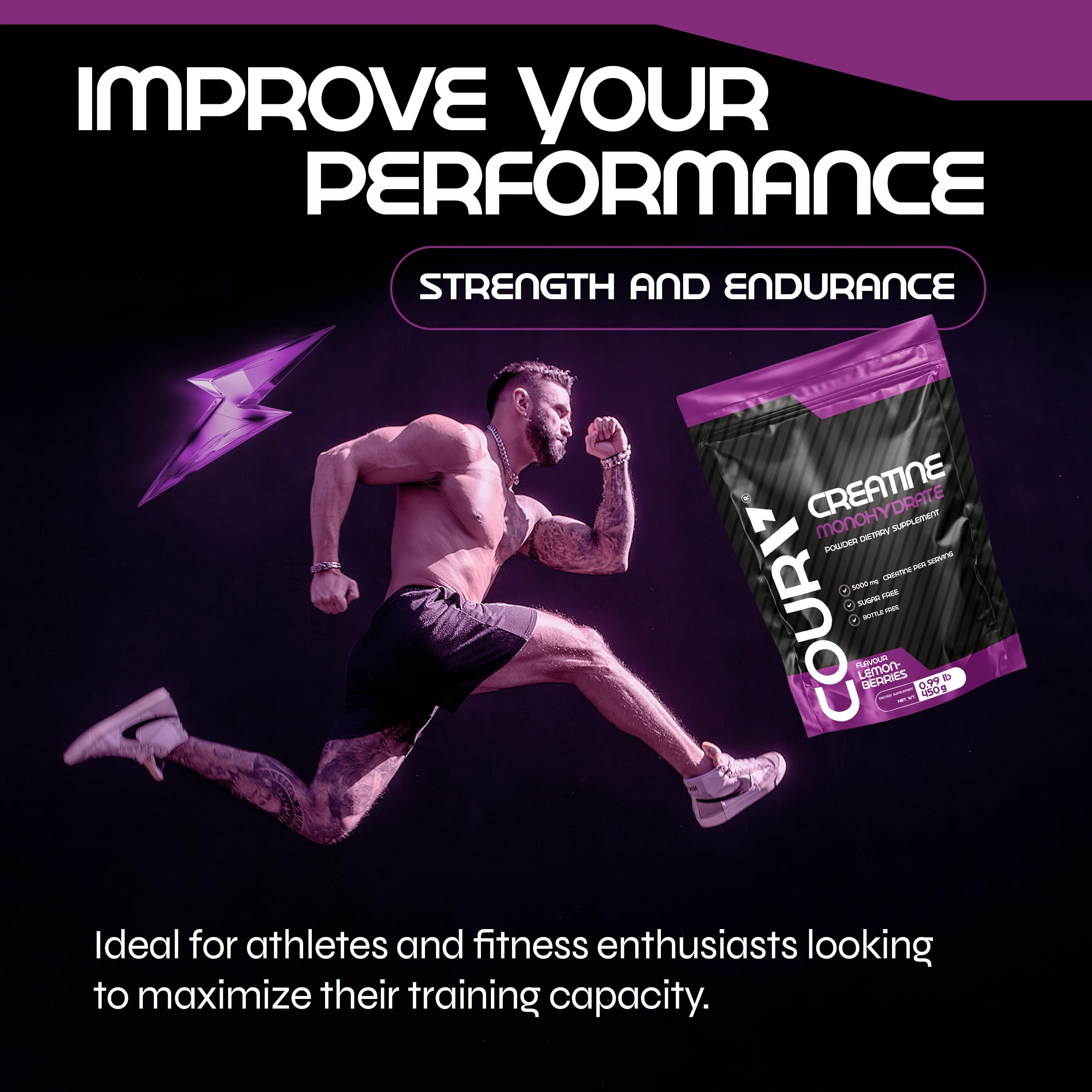 COURA Creatine Monohydrate Lemon-Berries scoop mid-pour demonstrates easy mixing.