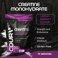 COURA Creatine Monohydrate Lemon-Berries tub highlights clean, mix-ready powder.