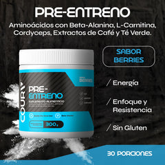 COURA Pre Workout berries label showing gluten-free formula for athletes