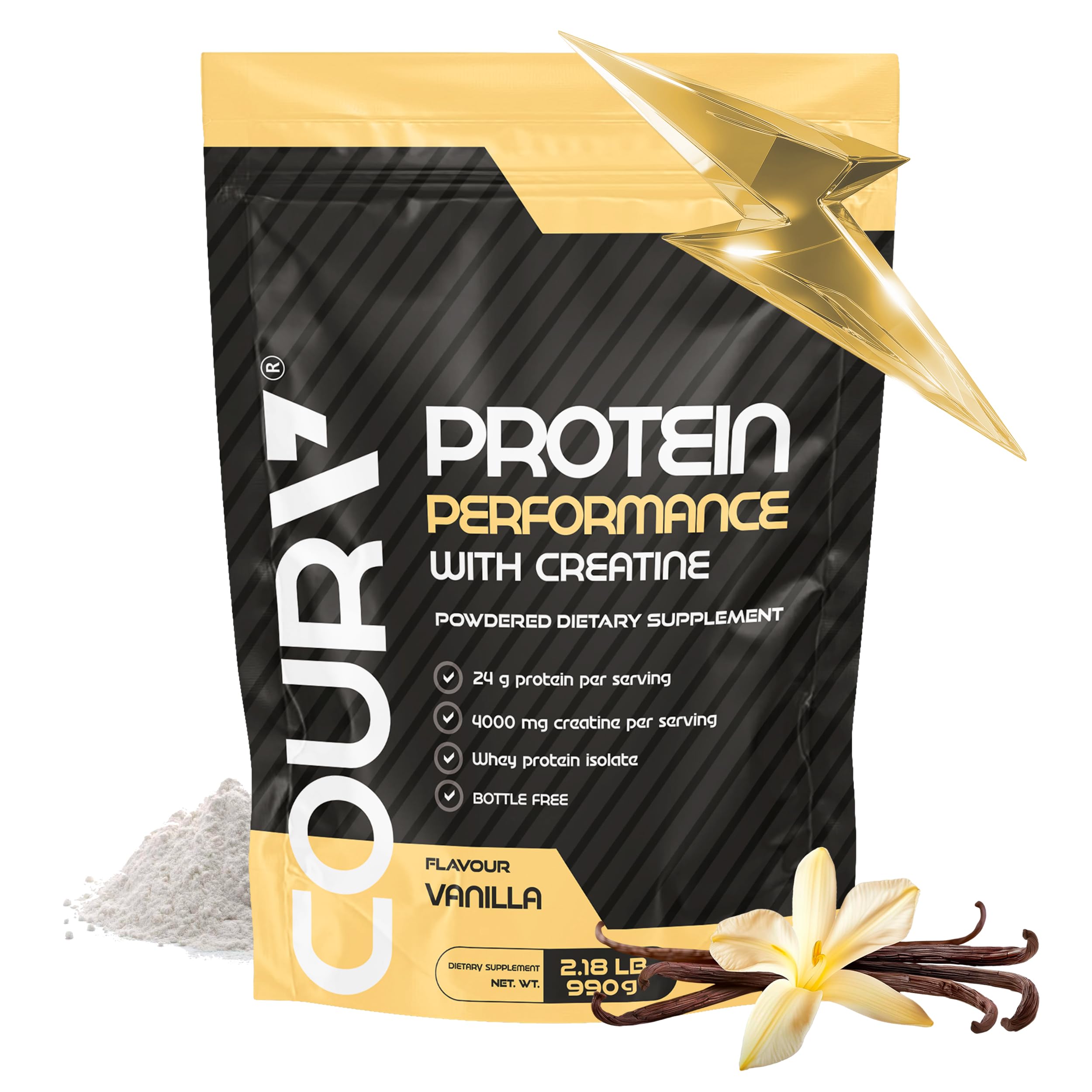 COURA Proteín Performance 990g tub front view for daily shakes.