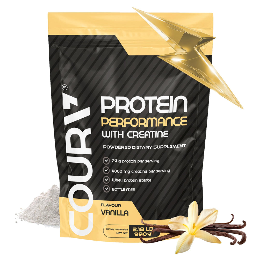 COURA Proteín Performance 990g tub front view for daily shakes.