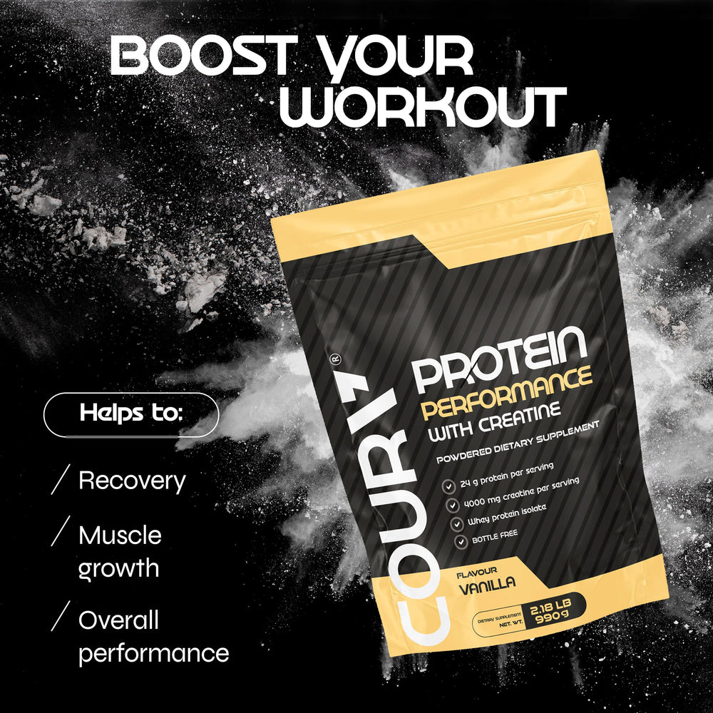 COURA Proteín Performance tub beside gluten-free certification badge.