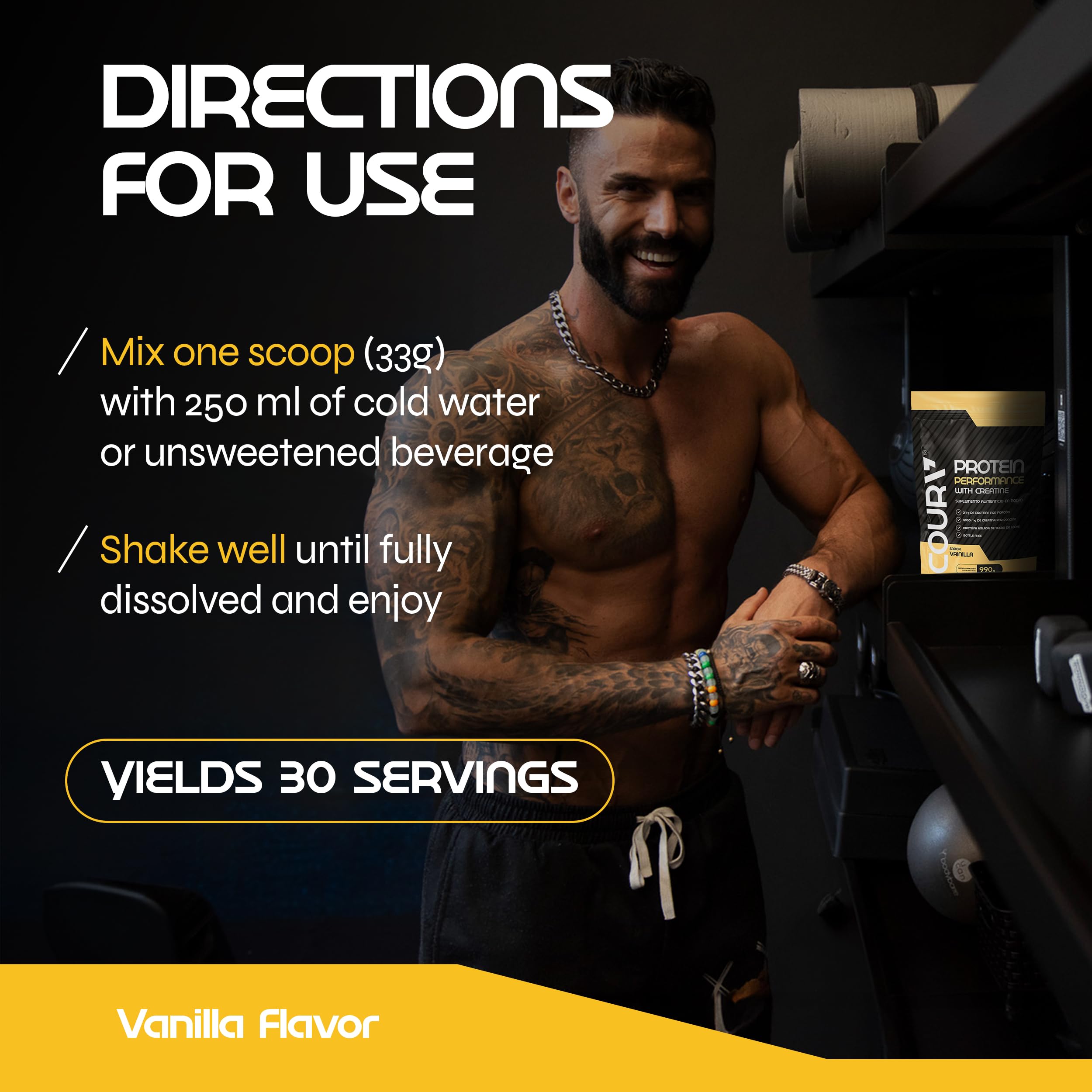 COURA Proteín Performance ingredients list highlights whey protein and creatine.