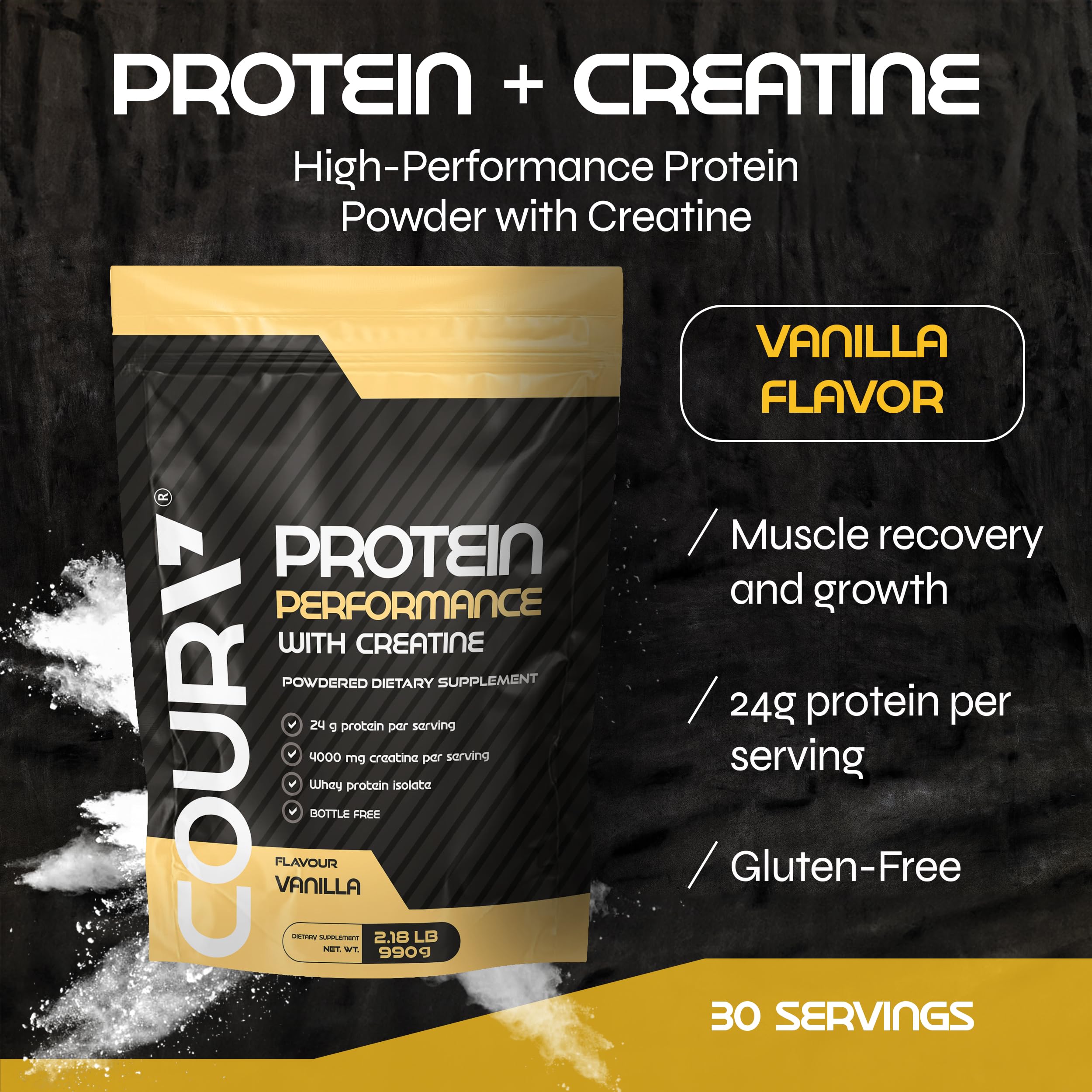 COURA Proteín Performance vanilla powder poured into a shaker for recovery.
