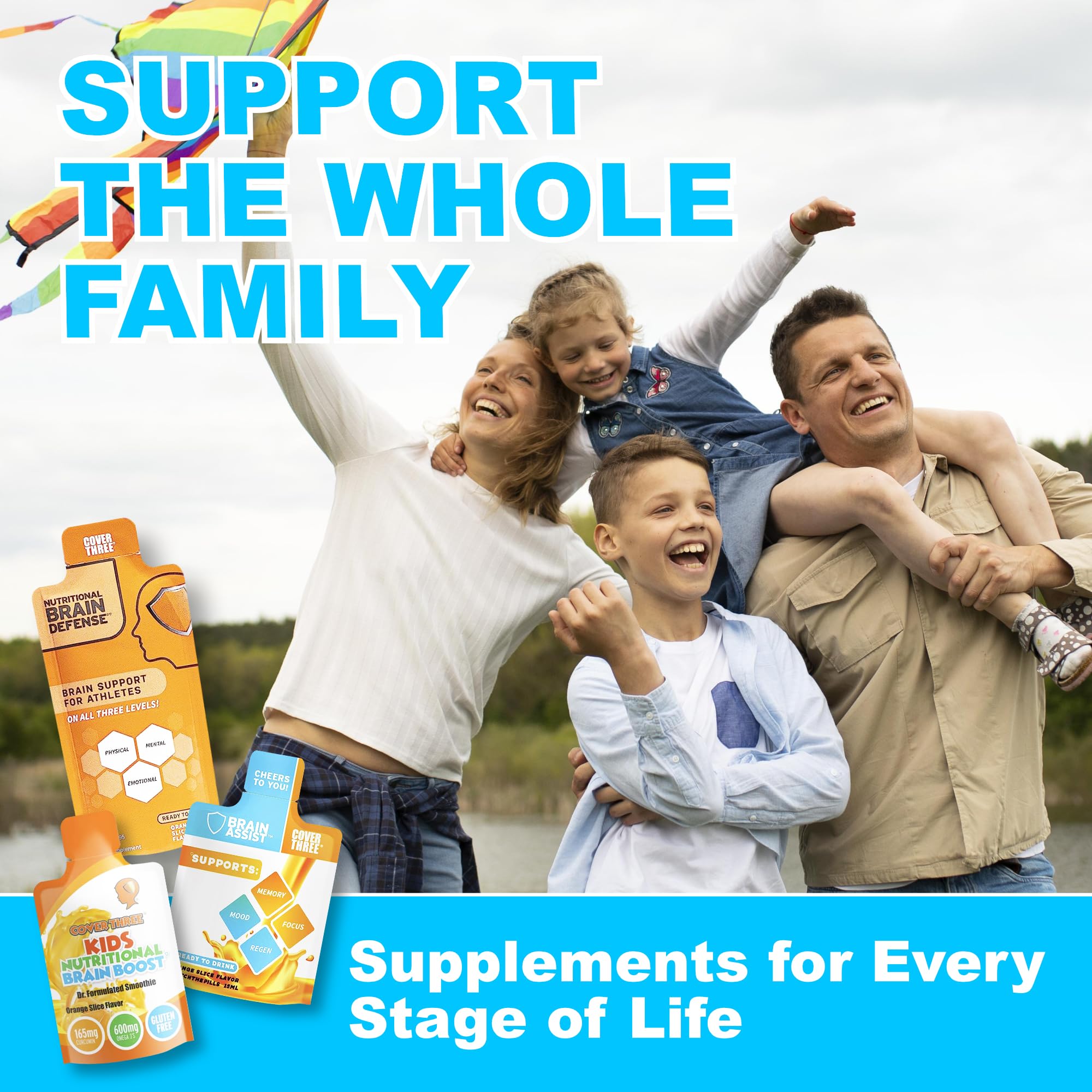 Cover Three Brain Assist family-friendly packaging conveys safe use for all ages.