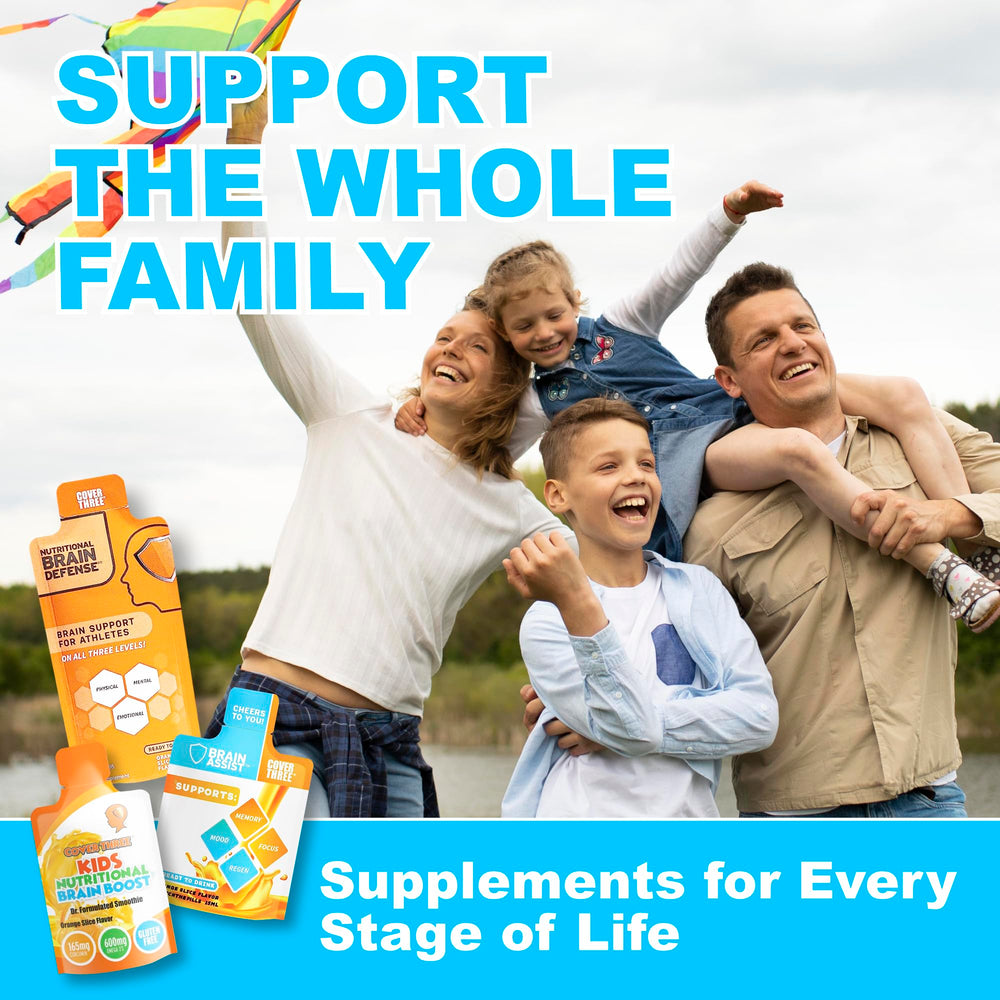 Cover Three Brain Assist family-friendly packaging conveys safe use for all ages.