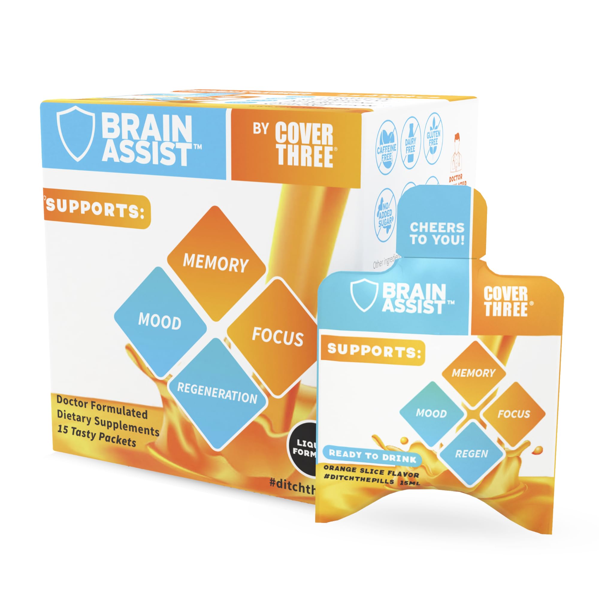 Cover Three Brain Assist liquid bottle offers convenient focus support for busy days.