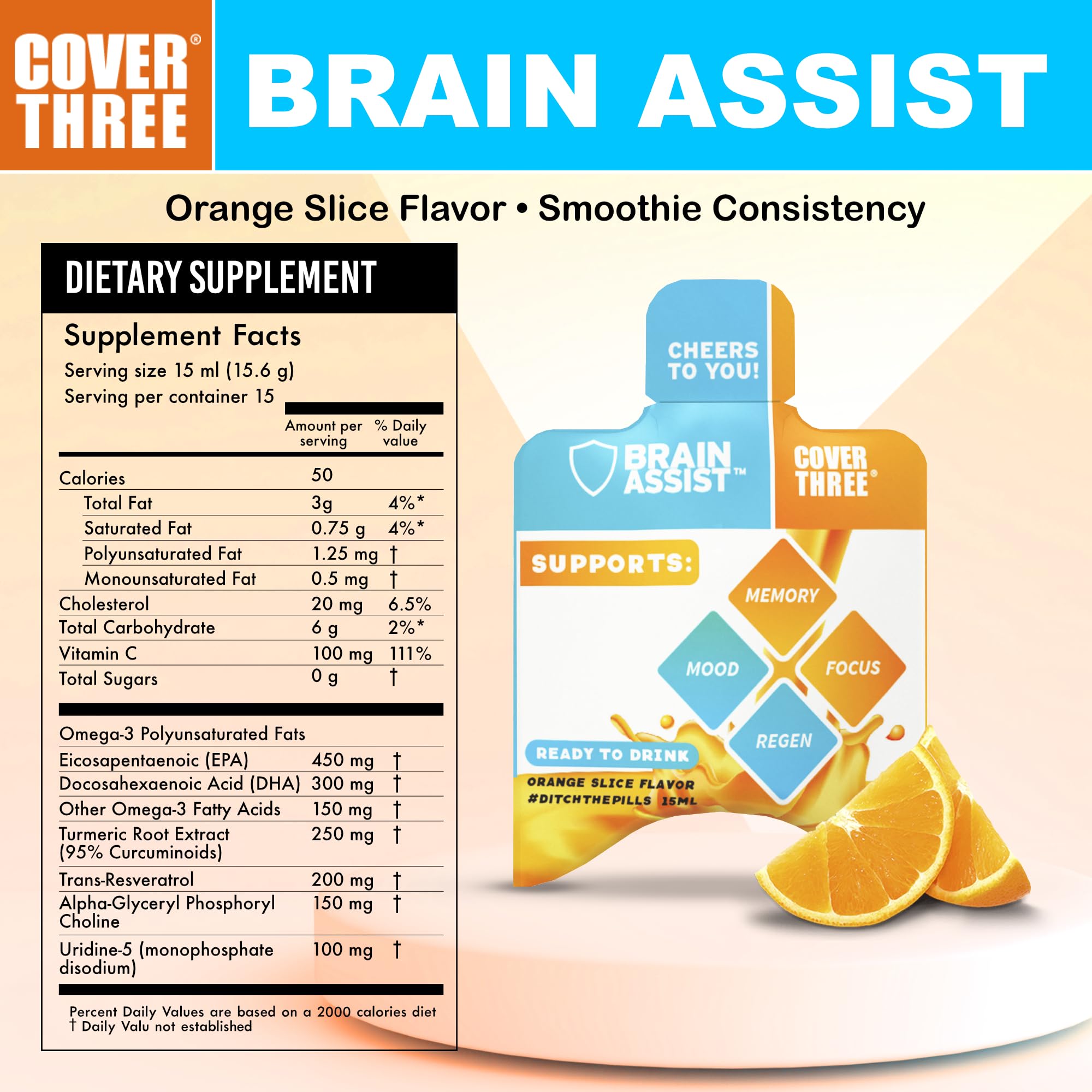 Cover Three Brain Assist orange-slice flavor bottle supports memory and mood.