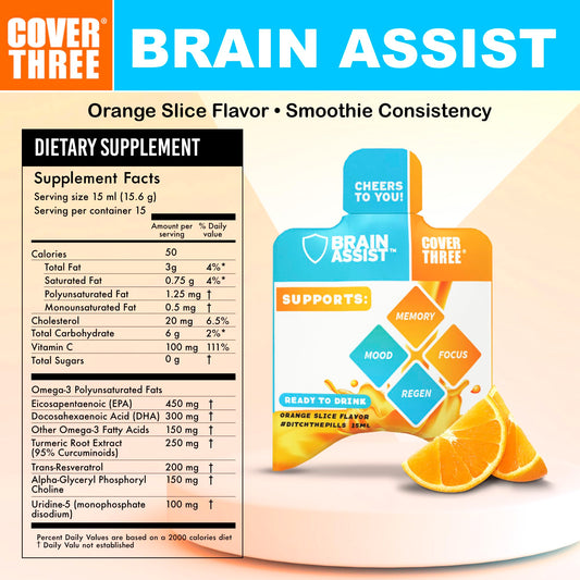 Cover Three Brain Assist orange-slice flavor bottle supports memory and mood.