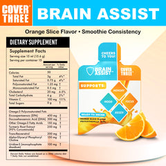 Cover Three Brain Assist orange-slice flavor bottle supports memory and mood.