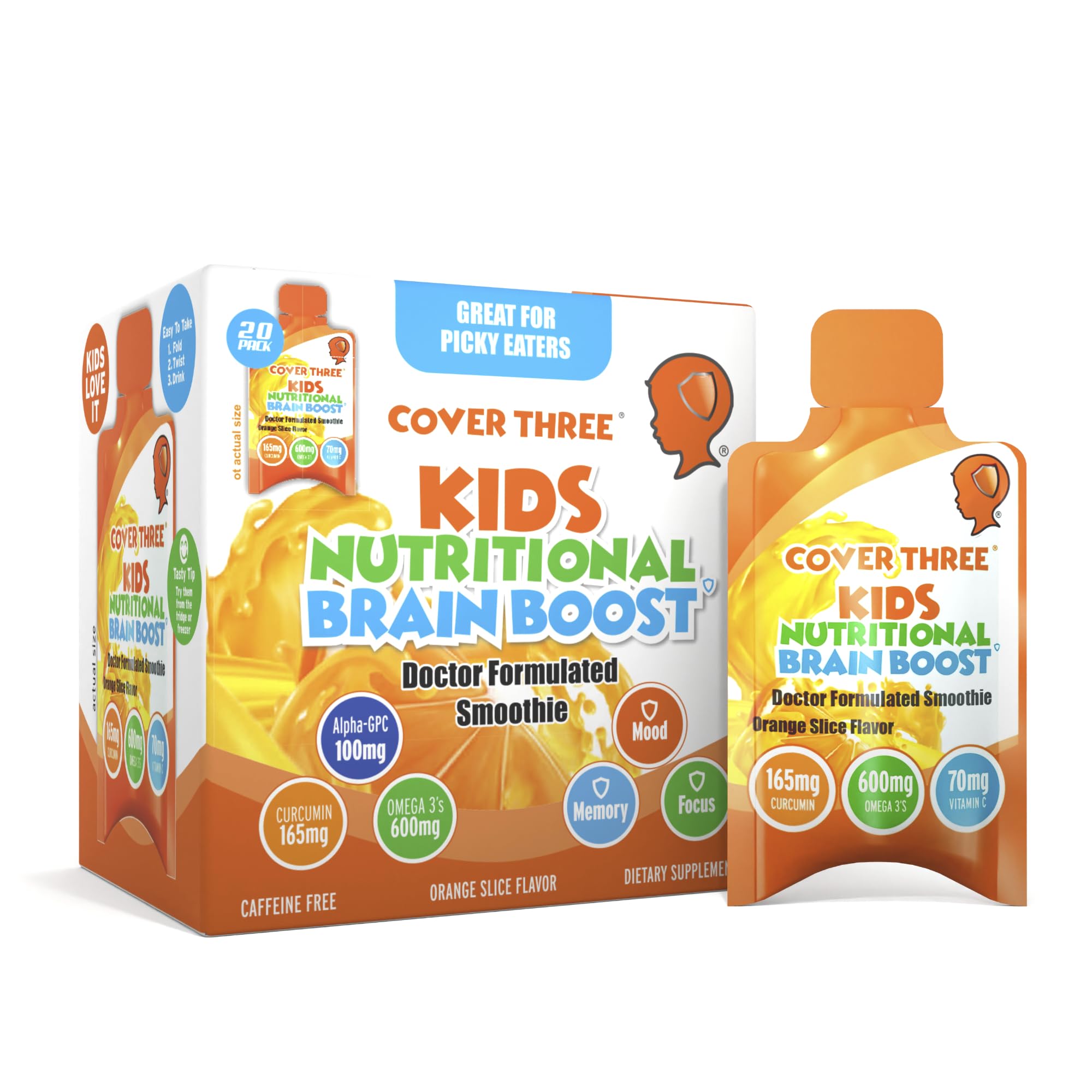 Cover Three kids brain supplement smoothie pack offers a convenient daily pouch for mindful focus.
