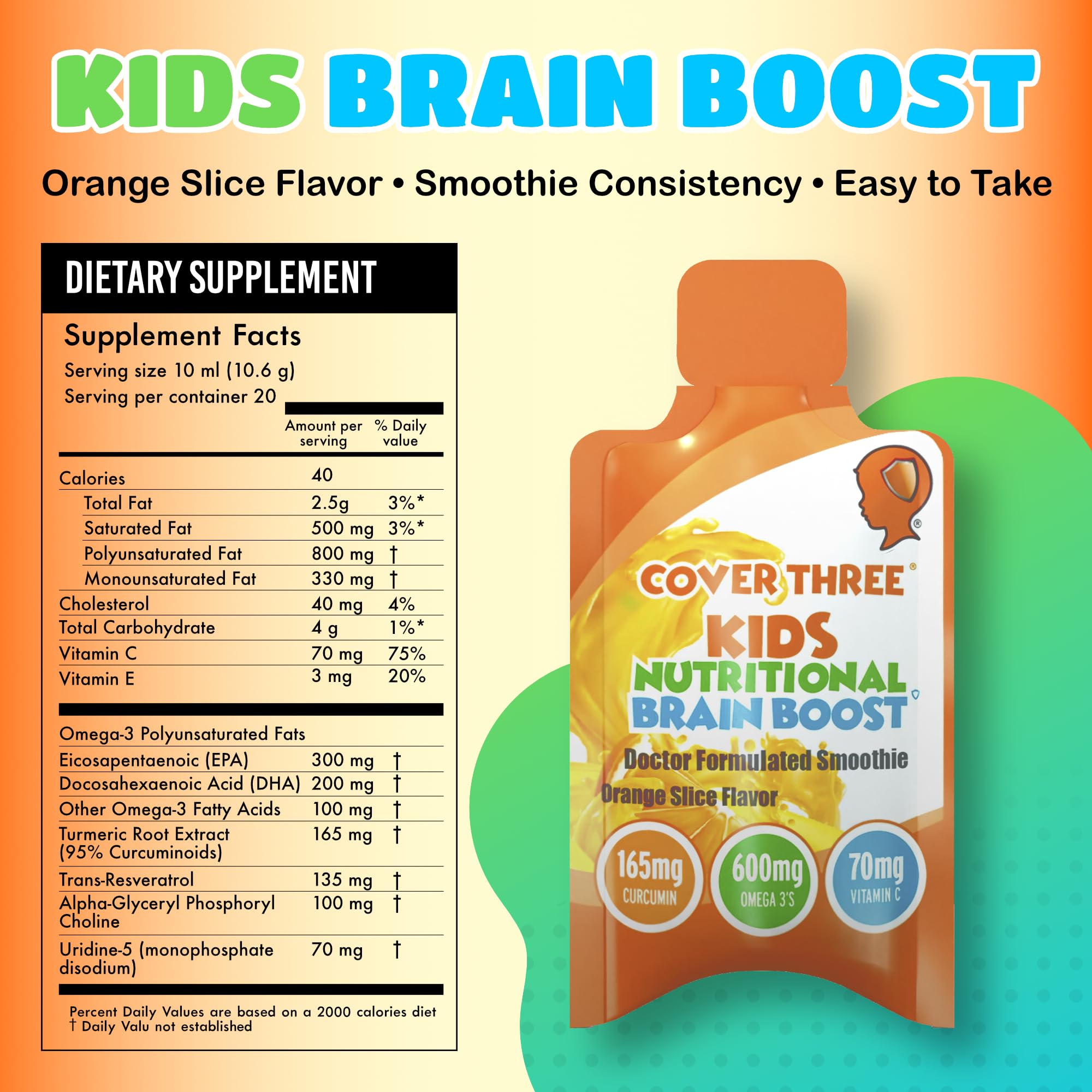 Cover Three omega-3 liquid bottle highlights easy dosing for growing children's DHA intake.