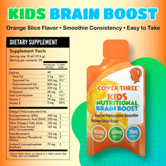 Cover Three omega-3 liquid bottle highlights easy dosing for growing children's DHA intake.