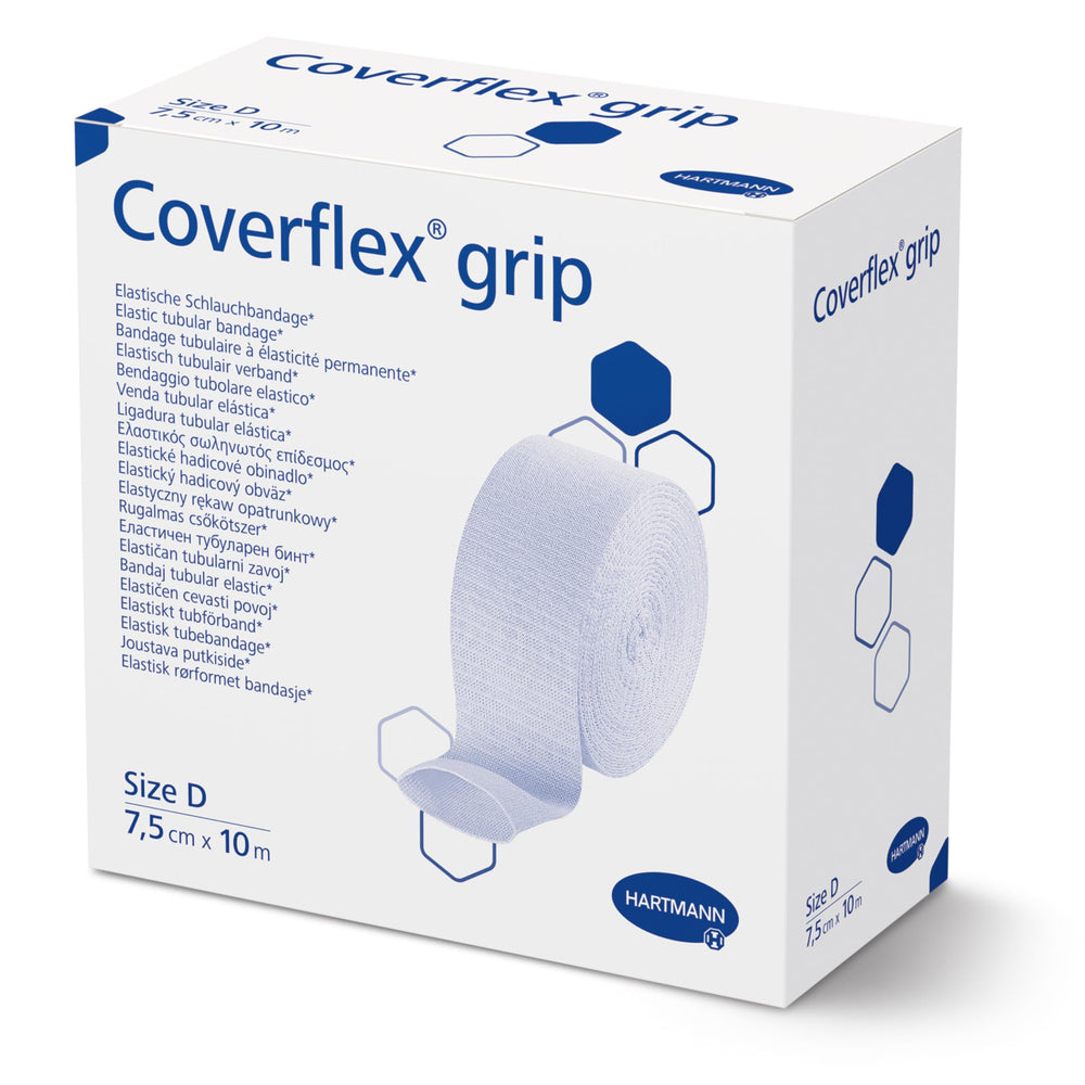 Coverflex Grip tubular bandage 7.5 cm wide by 10 m long for larger areas.