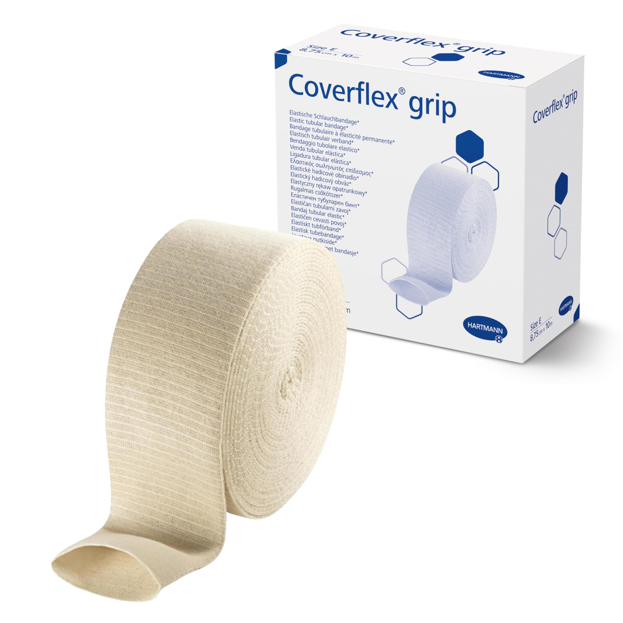 Coverflex Grip tubular bandage on leg and knee provides gentle, even support for daily activities