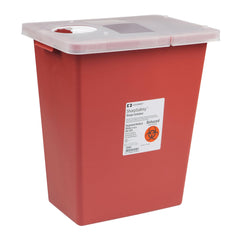 COVIDIEN SharpSafety container with hinged red lid for secure disposal and easy transport.