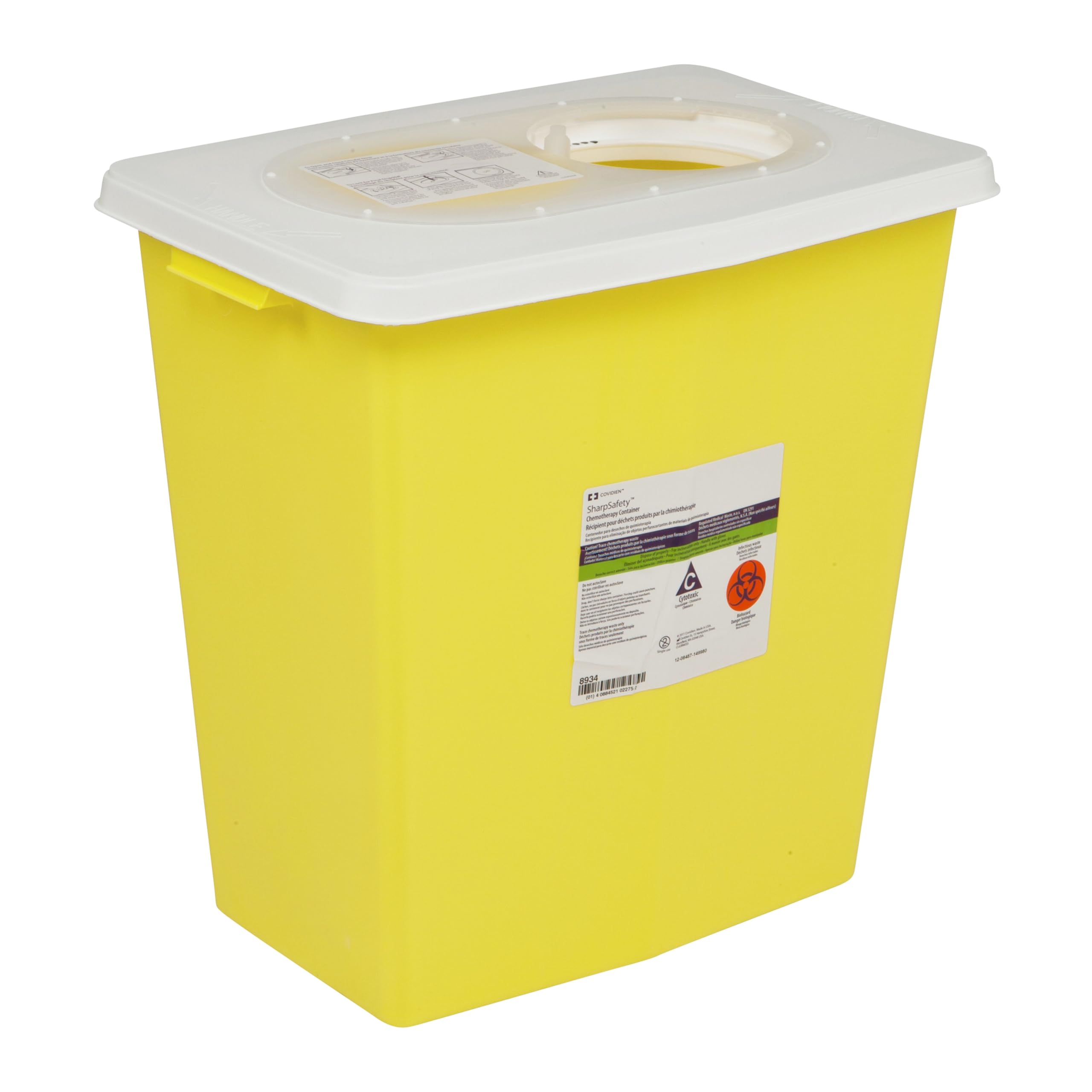 COVIDIEN SharpSafety container with yellow slide lid, 12-gallon capacity for secure trace chemotherapy waste disposal