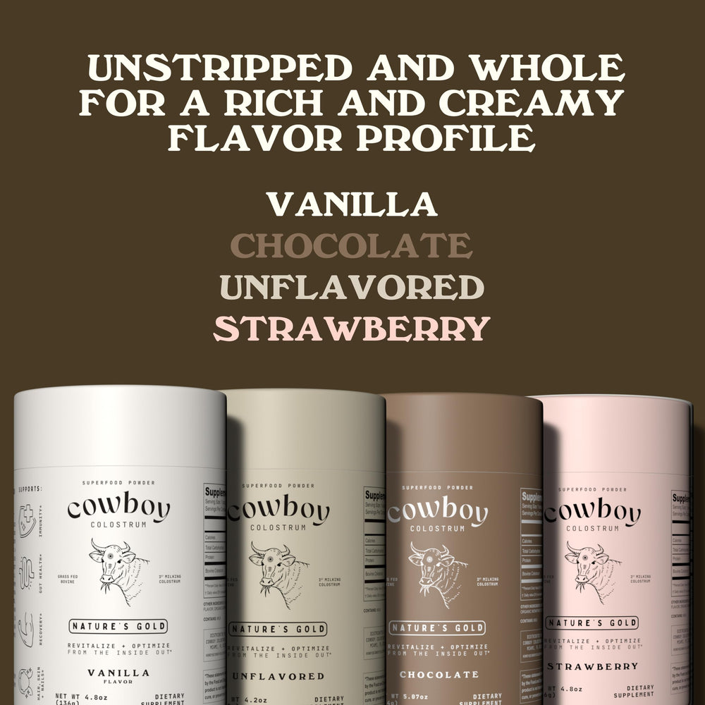 Cowboy Colostrum powder bottle back highlights sugar-free, unflavored formula for versatile use