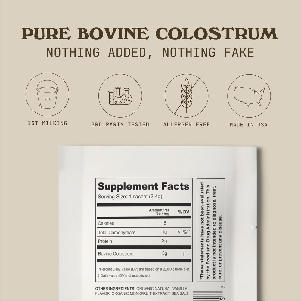 Cowboy Colostrum Powder Dry Bottle shows premium full-fat formula for gut health.